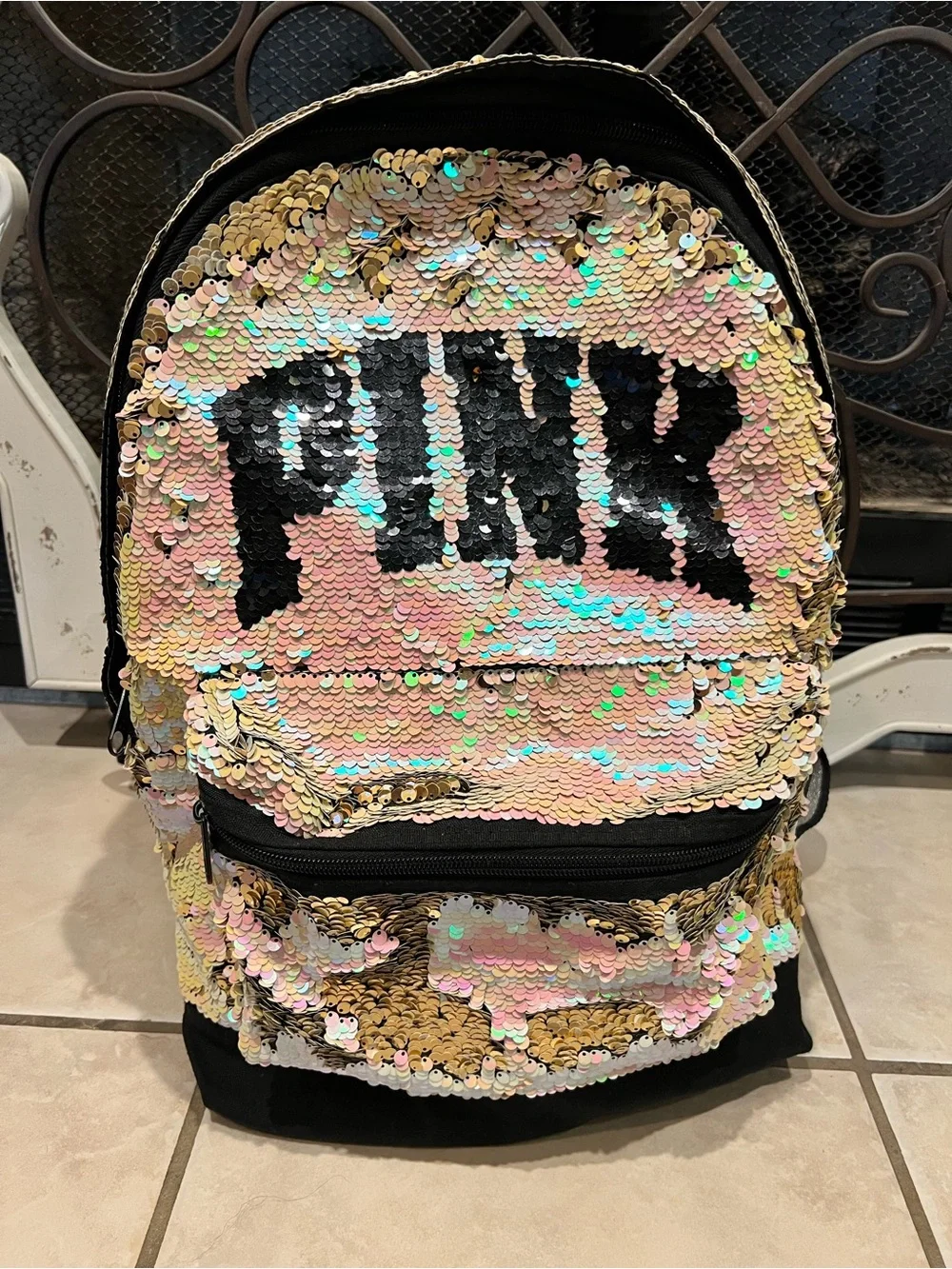 Victoria’s Secret PINK Flip Sequin Campus Backpack Black Iridescent Gold